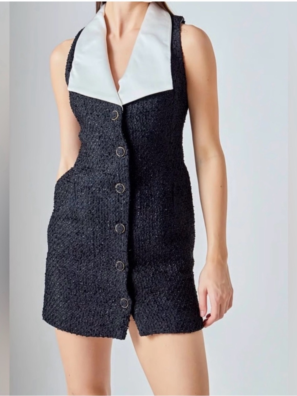 Endless Rose Black Tweed Mini Dress with White Contrast Collar